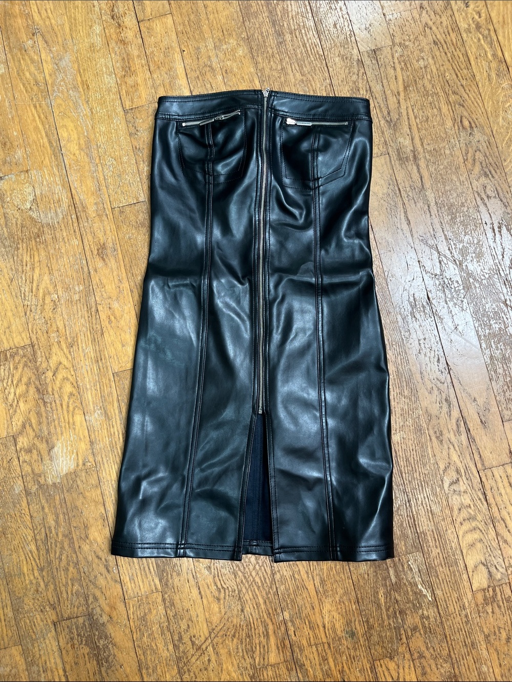Black Faux Leather Sheath Dress with Front Zip